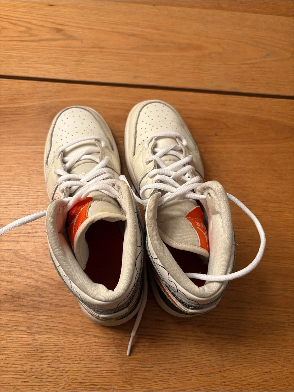 Kids White and Orange Basketball Shoes with Green Accent - Nike High Tops
